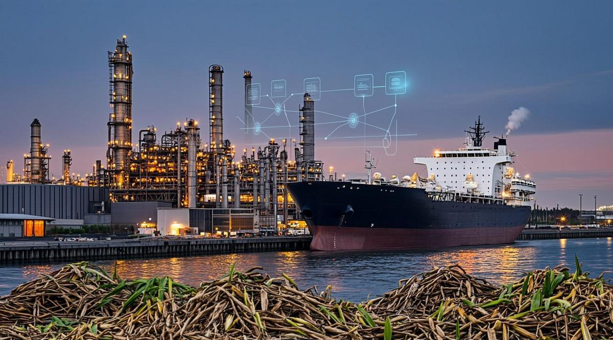 Современный биотопливный завод в порту, с пришвартованным танкером, и органическими отходами на переднем плане.