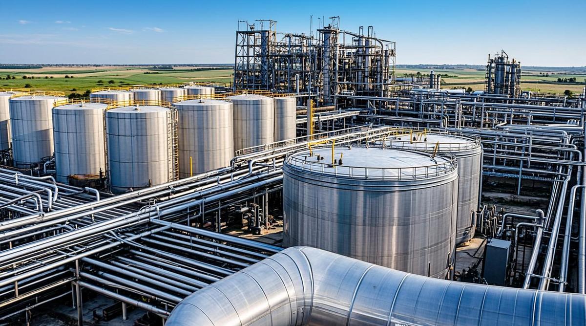 Инновационный комплекс по переработке отходов в биогаз: вид на промышленные установки, трубопроводы и резервуары на фоне зеленого пейзажа.