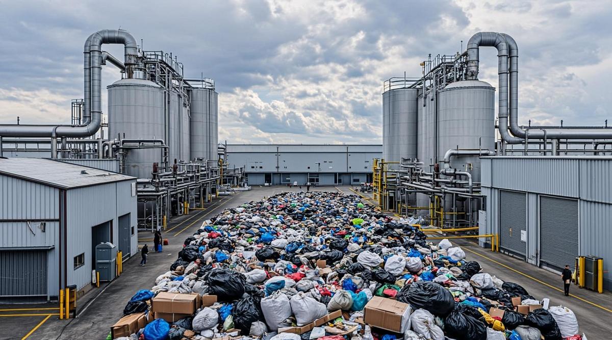 Внешний вид промышленного здания завода по переработке пищевых отходов, с аккуратной территорией и зоной погрузки/разгрузки.