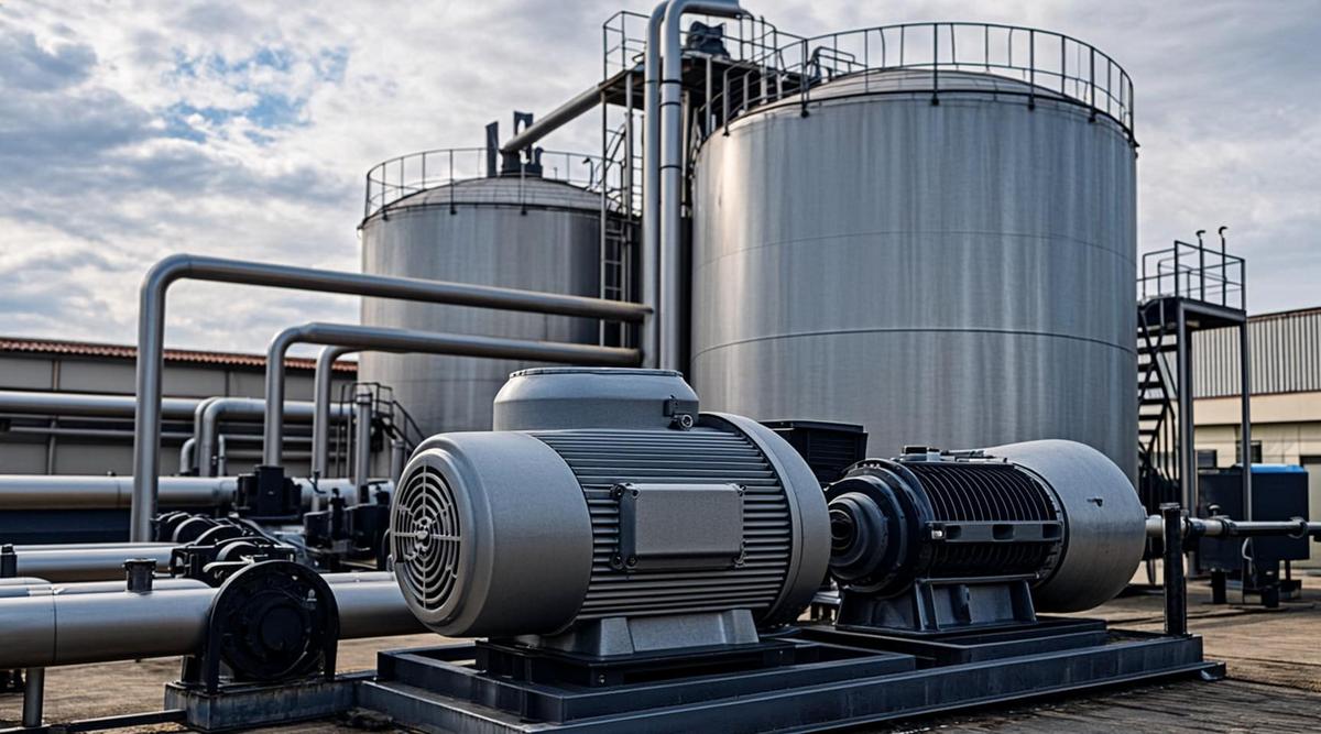 Промышленный комплекс по производству биогаза с большими ферментационными резервуарами, трубопроводами и насосным оборудованием.