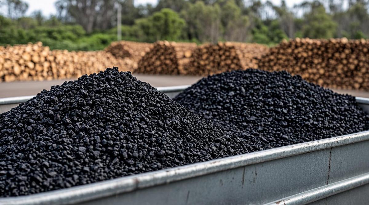 Гранулированный биоуголь в промышленном хранилище на фоне объекта по переработке биомассы.