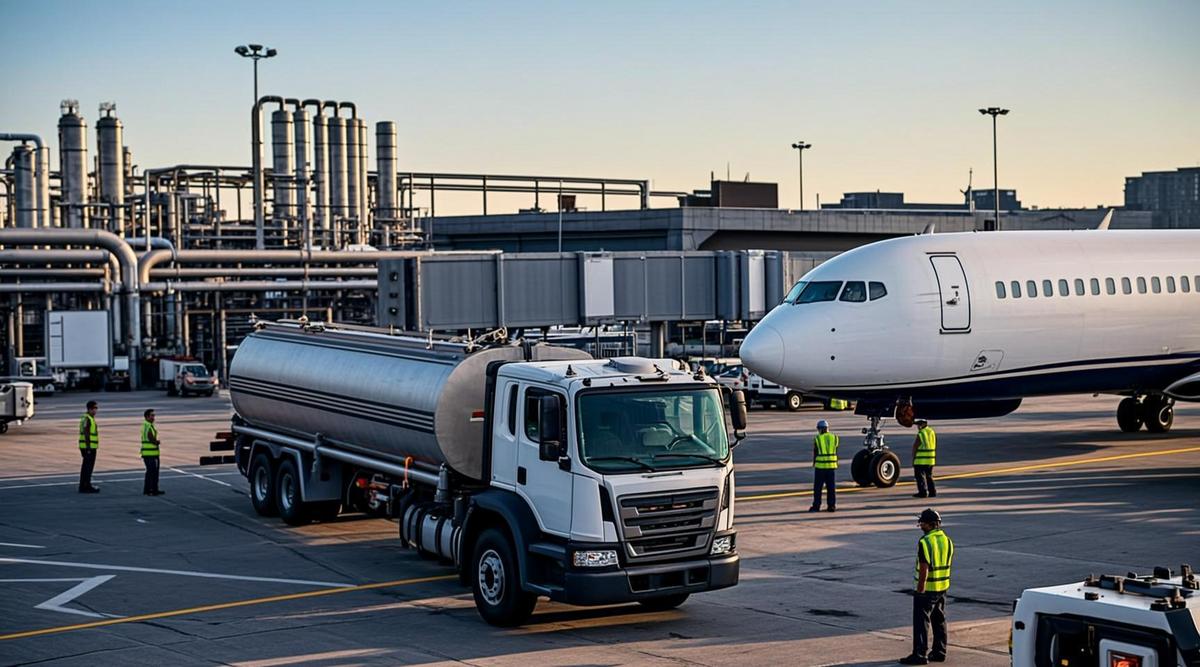 Современный перрон международного аэропорта с топливозаправщиком у самолета и инфраструктурой для горючего.