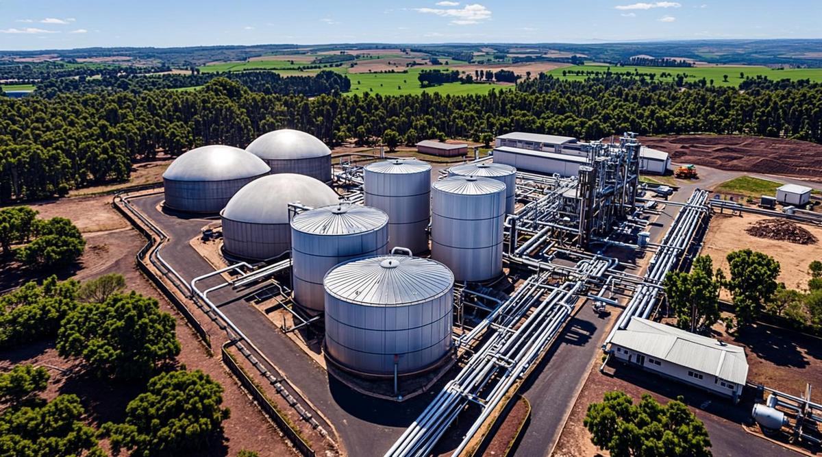 Комплекс биометанового завода с анаэробными реакторами, газгольдерами и очистными установками на фоне сельскохозяйственных полей.