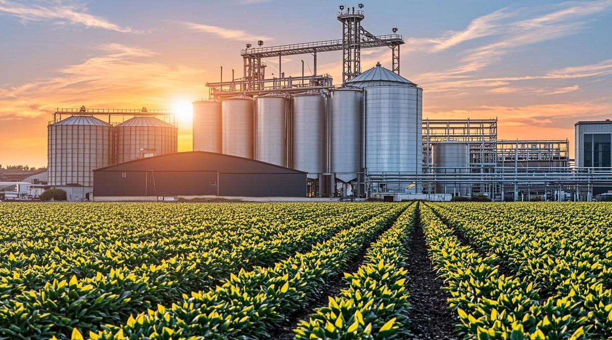 Современный завод по производству биотоплива с резервуарами и трубопроводами на закате, окруженный сельскохозяйственными полями.