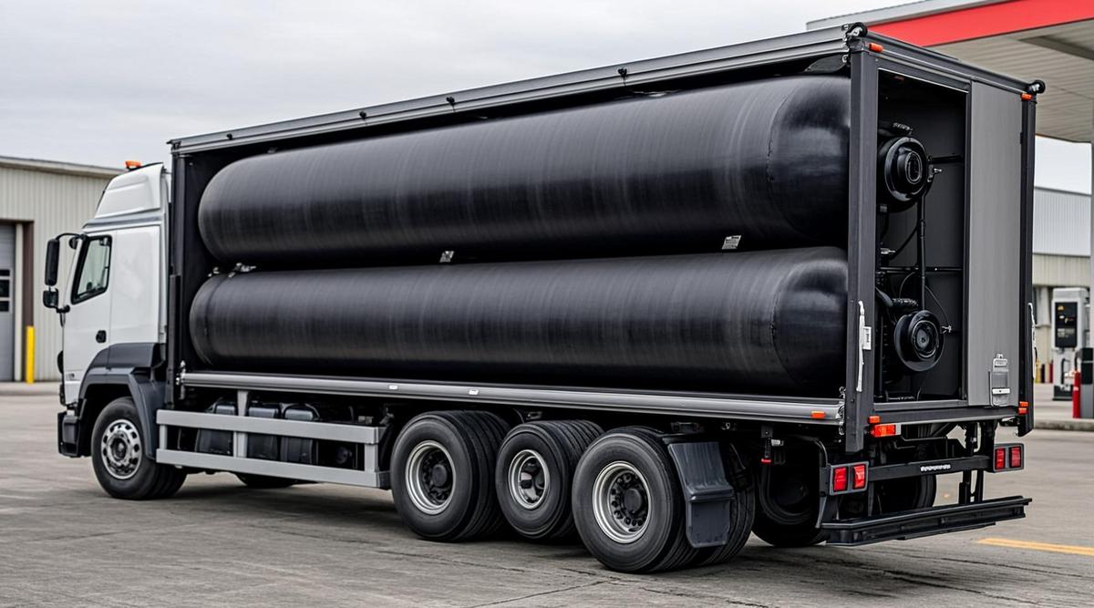 Мобильная газовая емкость с крупными баллонами из углеродного волокна на заправочной станции для биометана в Северной Европе.