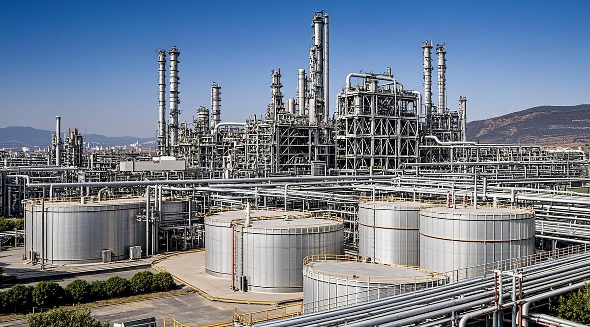 Масштабный биоперерабатывающий комплекс с промышленными резервуарами и трубопроводами в Геле, Сицилия. Видны элементы инфраструктуры по производству биотоплива.