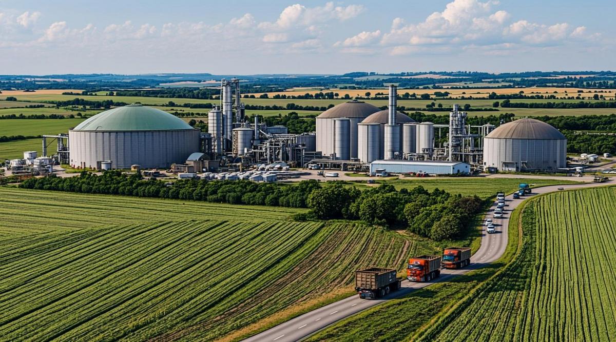 Современный биоэнергетический завод с резервуарами и трубопроводами посреди обширного сельскохозяйственного поля в Англии.
