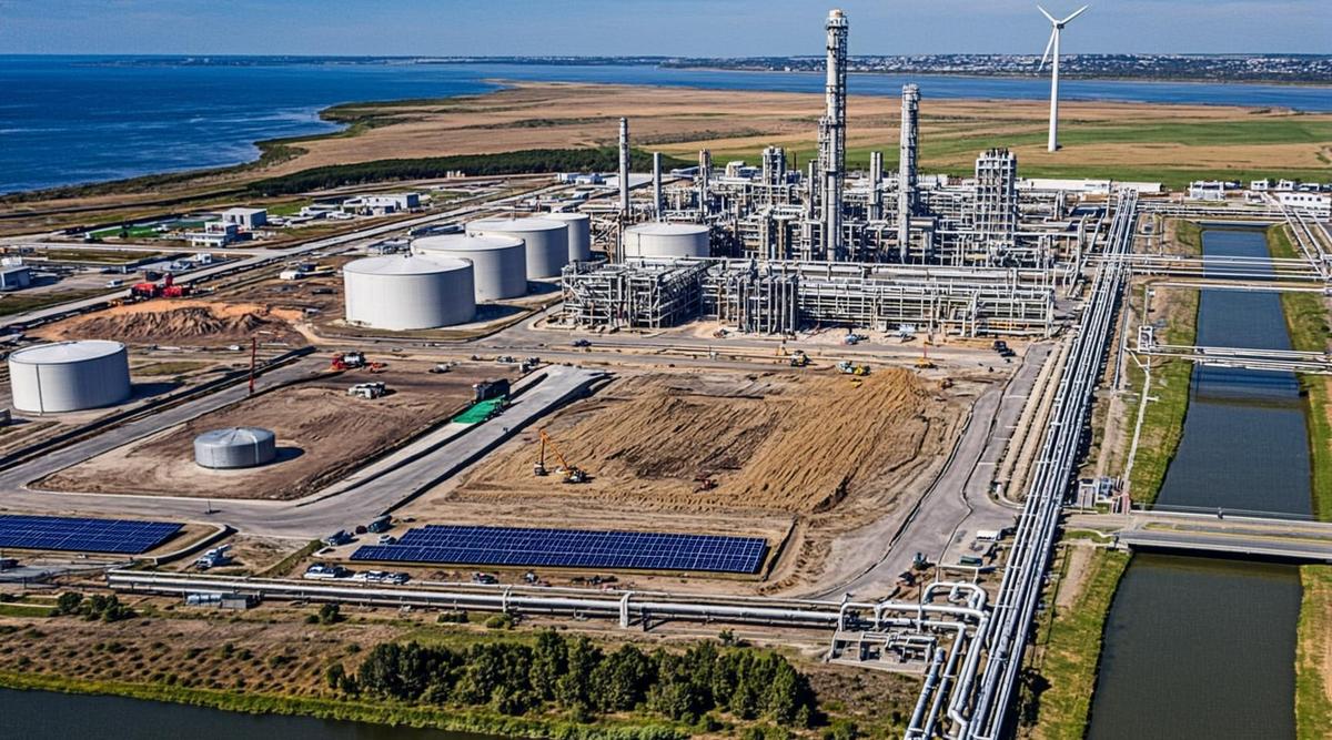 Промышленный комплекс по производству устойчивого авиационного топлива с трубами и резервуарами на фоне равнинного ландшафта
