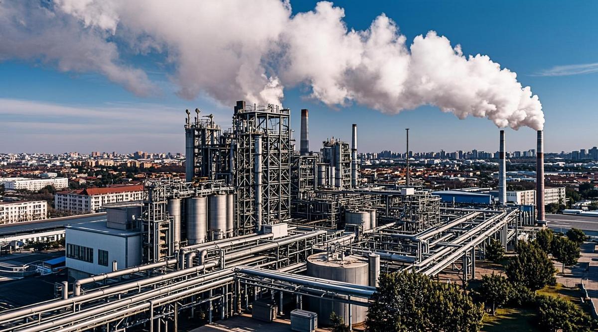 Вид на теплоэлектроцентраль в польском городе Лодзь с современными системами рекуперации дымовых газов, трубами и промышленным оборудованием. Рядом трубопроводы теплосети.