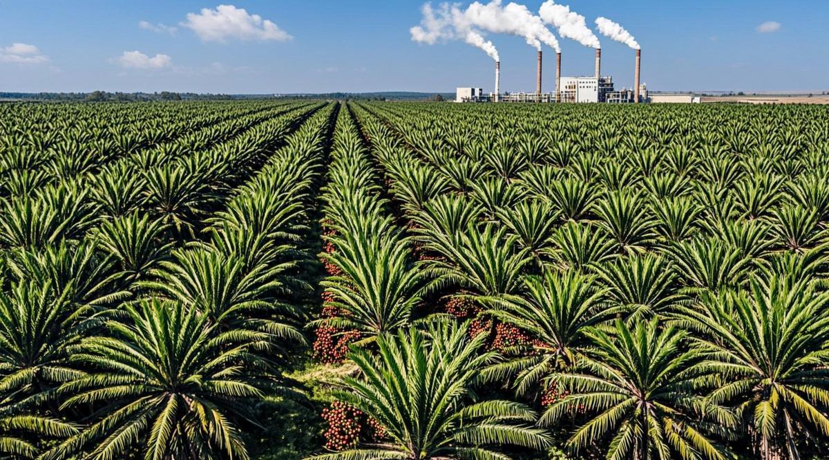 Обширные плантации масличных пальм с гроздьями ярко-оранжевых плодов. На заднем плане виден завод по переработке, интегрированный в тропический пейзаж.