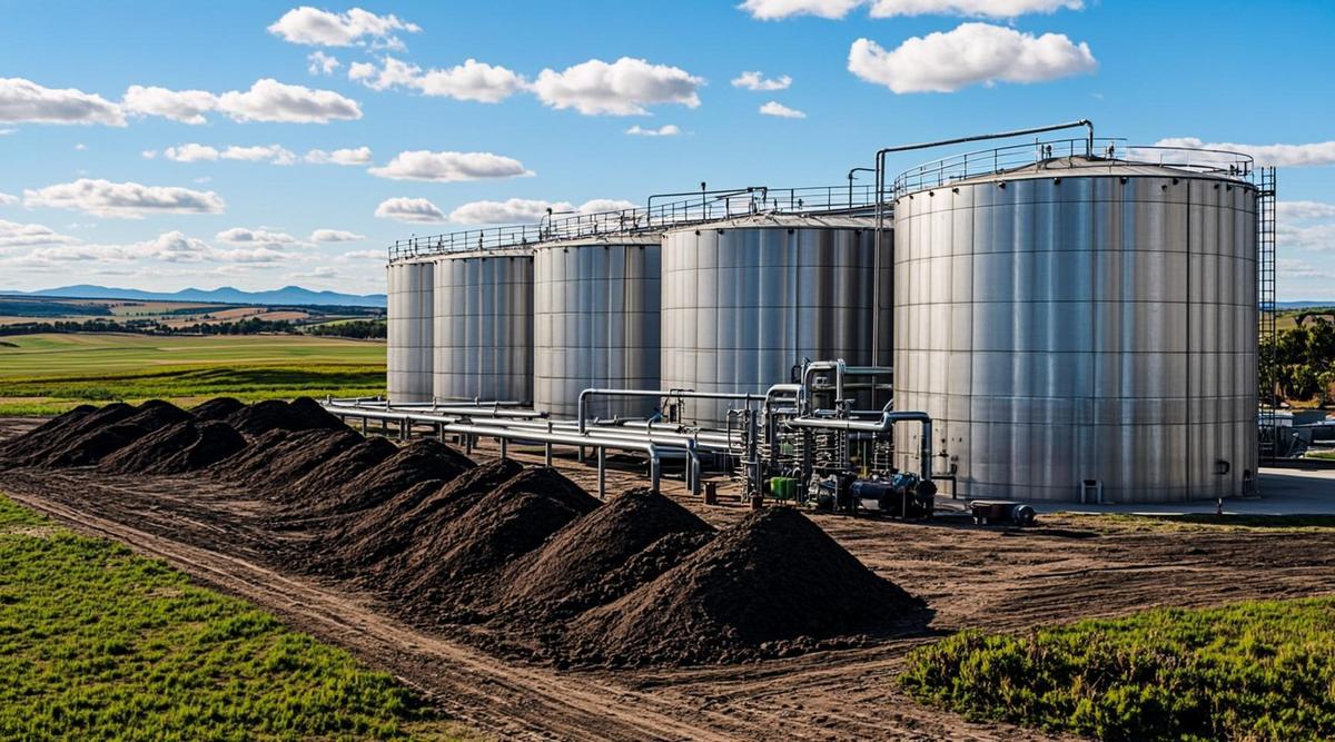 Биометановая установка с крупными анаэробными реакторами, хранилищами сельскохозяйственных отходов и газовыми трубопроводами на фоне сельского пейзажа Австралии.