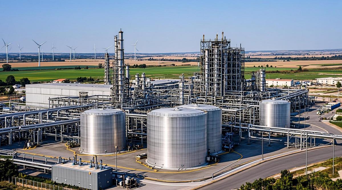 Современный промышленный комплекс по производству устойчивого авиационного топлива (SAF) в Великобритании, с трубами и резервуарами.