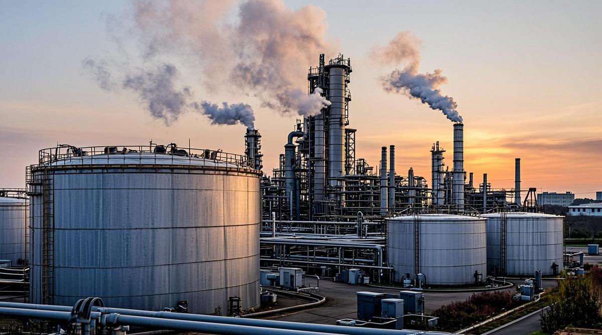 Промышленный комплекс биопереработки, включающий ферментационные резервуары, трубопроводы и дымовые трубы, на фоне сталелитейного завода.