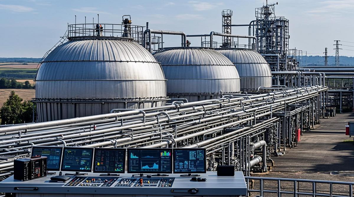 Современный биометановый завод: крупногабаритные резервуары, трубопроводы, технологическое оборудование на фоне промышленного пейзажа.