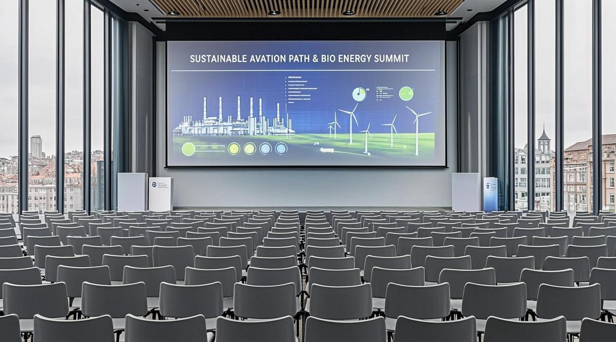 Современный конференц-зал в Брюсселе, готовый к саммиту: пустая сцена, экран с данными по биотопливу и SAF, ряды стульев.