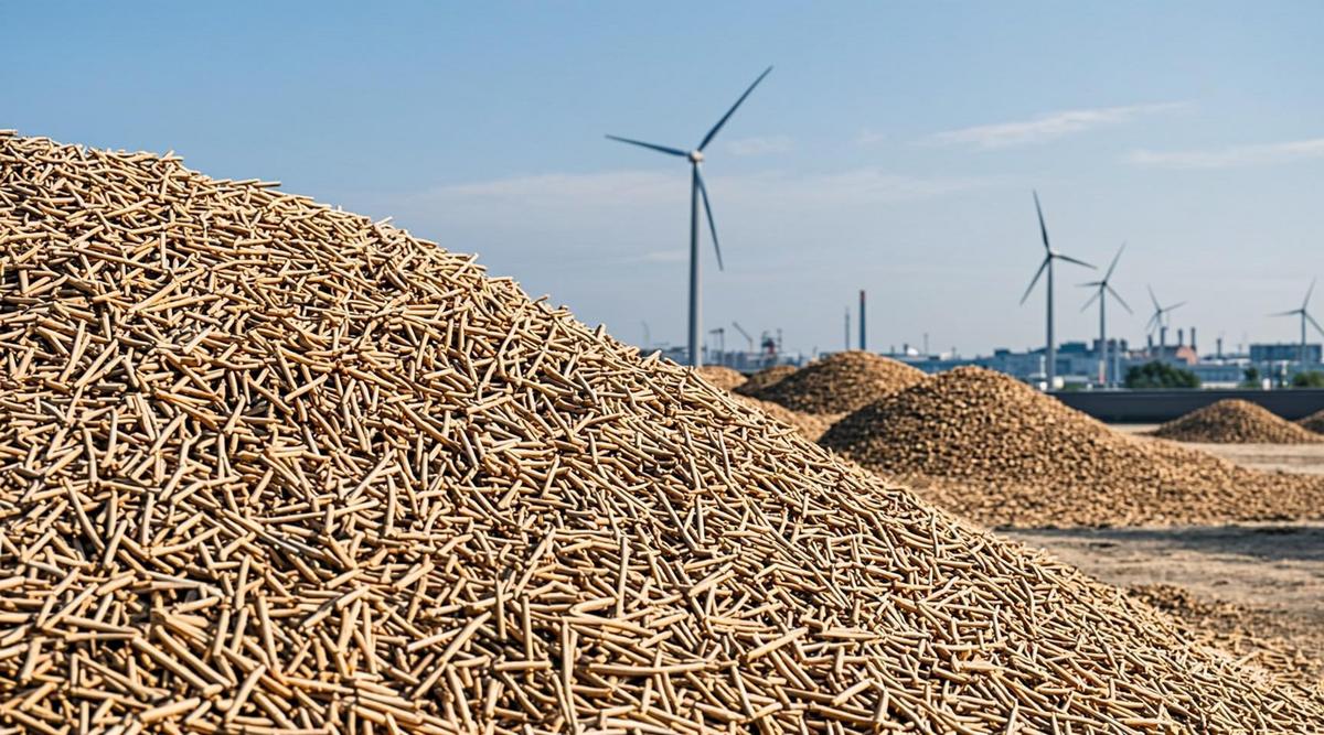 Крупные промышленные насыпи древесных пеллет на открытом складе, на заднем плане видны ветряные турбины и элементы порта.