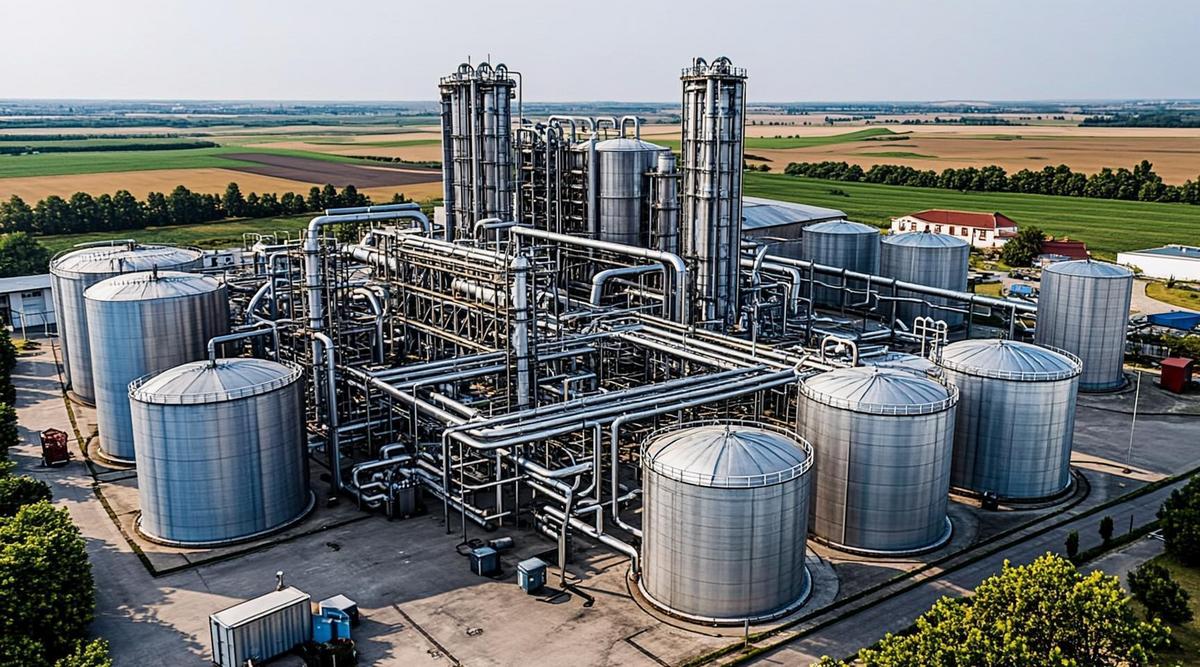 Современный биогазовый завод с крупными ферментерами и технологическим оборудованием на фоне сельского европейского пейзажа.