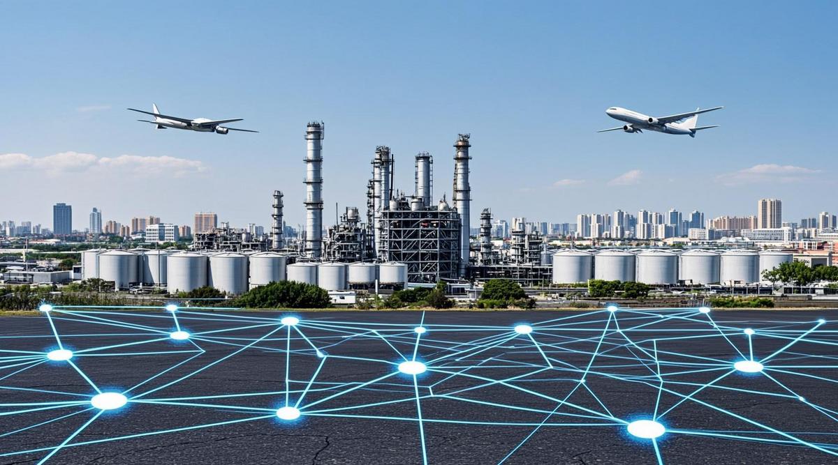 Цифровой интерфейс с графиками данных регистрации устойчивого авиационного топлива (SAF). На заднем плане – современный завод биотоплива или аэропорт.