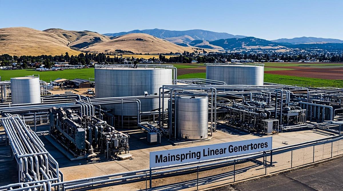 Промышленный комплекс биогазовых установок CalBio на молочной ферме в Центральной долине Калифорнии, демонстрирующий инфраструктуру переработки биогаза и линейные генераторы Mainspring.