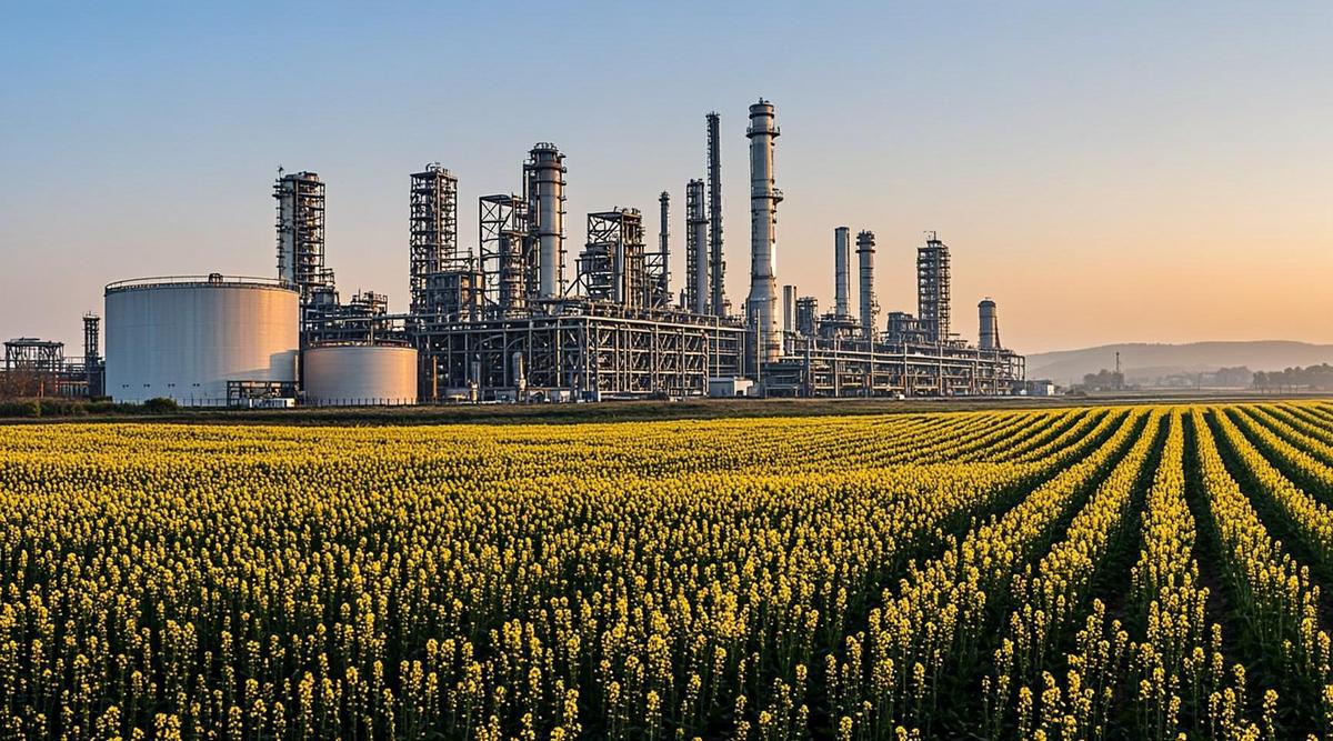 Современный завод по производству биотоплива с промышленными трубами, резервуарами, оборудованием и полями сырья на заднем плане.