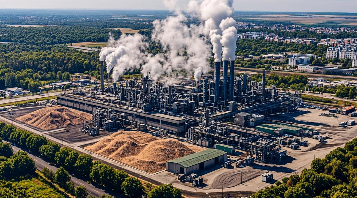 Панорамный вид на крупный биоперерабатывающий комплекс с целлюлозным заводом и электростанцией на биомассе, окруженный лесной зоной.