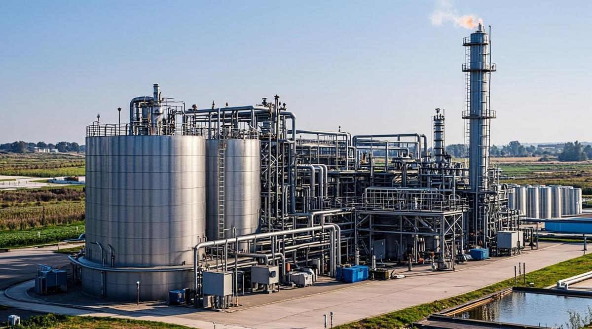 Крупный биогазовый комплекс с анаэробными дигестерами, трубами и резервуарами на фоне сельскохозяйственных полей и промышленных объектов, символизирующий производство энергии из отходов.