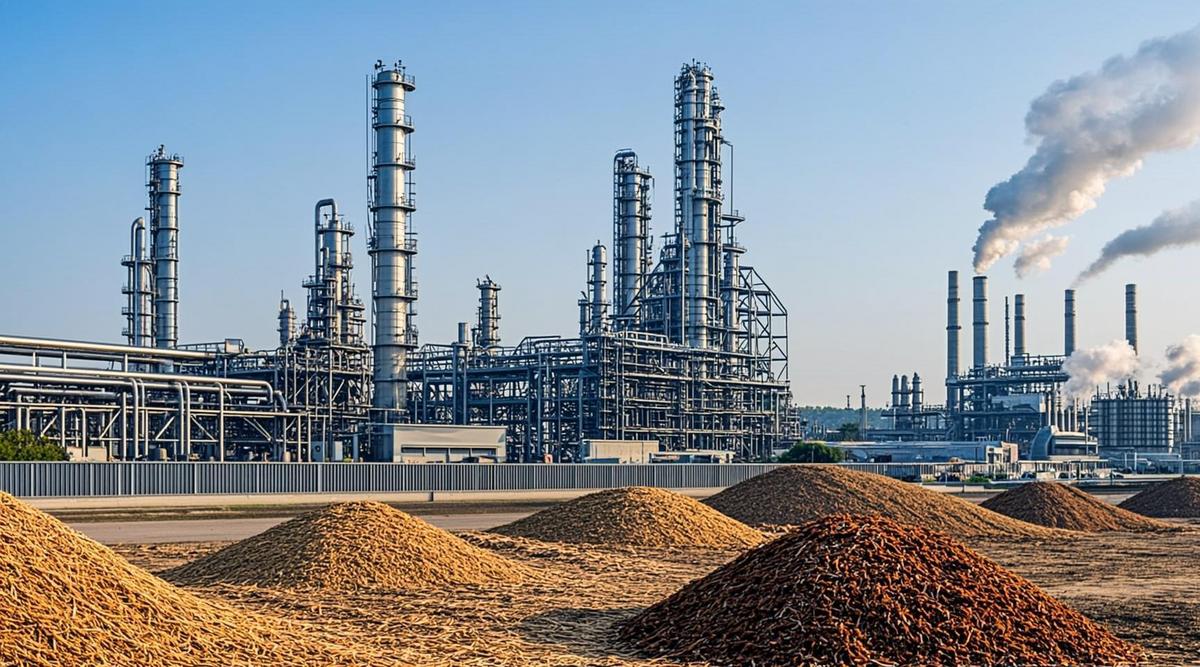 Современный биоперерабатывающий завод с трубами и колоннами, окруженный разнообразным сырьем, таким как водоросли и отработанные масла. На заднем плане видна инфраструктура улавливания углерода.