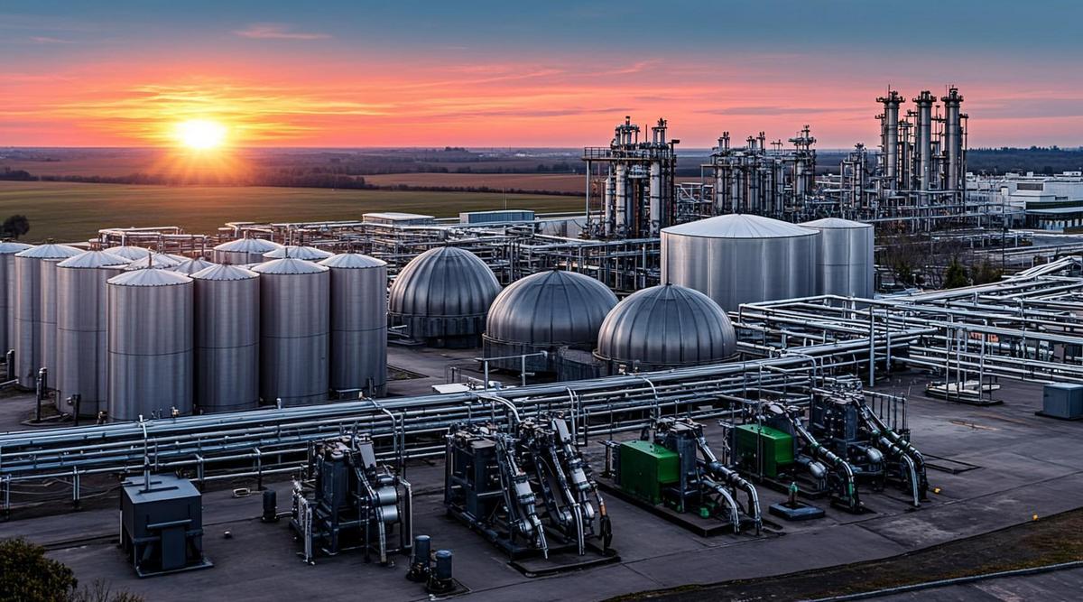 Индустриальный пейзаж биогазовой установки с большими ферментерами и трубопроводами на фоне рассвета.