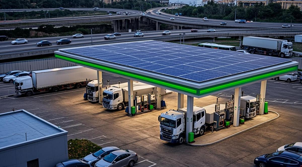 Современный грузовой хаб с HVO-заправочными станциями, пунктами зарядки для электрогрузовиков и солнечными панелями, расположенный у оживленной автомагистрали.