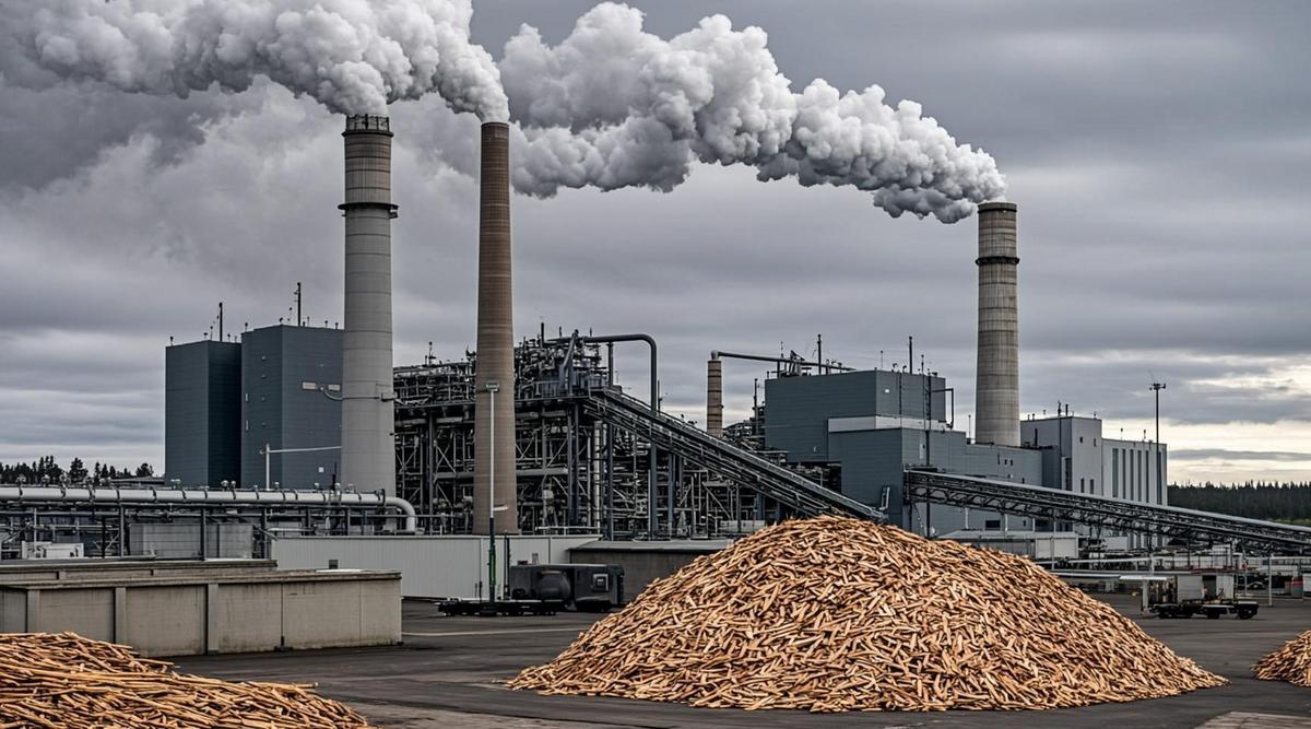 Биоэнергетическая электростанция: высокие дымоходы, конвейеры с древесными пеллетами, склады биомассы, установки хранения энергии.