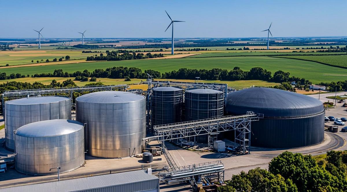 Современная биоэнергетическая установка с силосами для биомассы и дигестером для биометана на фоне зеленых полей и ветряных турбин в Германии.