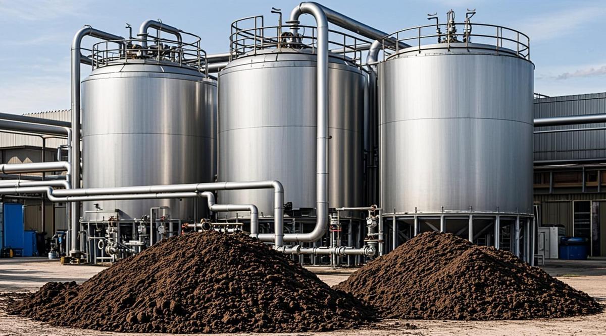 Промышленный ландшафт современного биоперерабатывающего завода с крупными резервуарами для анаэробного сбраживания и сложной системой трубопроводов. Видны технологические установки для обработки коричневого глиноподобного материала.