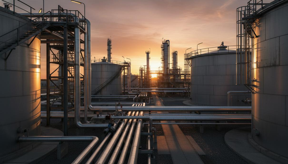 Ряд высоких металлических цистерн и сеть переплетенных труб на территории завода по производству биотоплива.