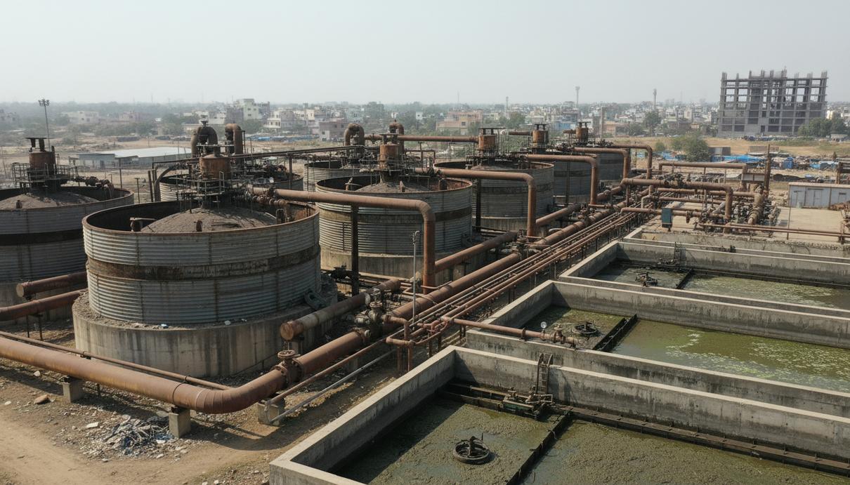 Промышленный комплекс по производству биогаза с большими цилиндрическими баками и системой очистных сооружений