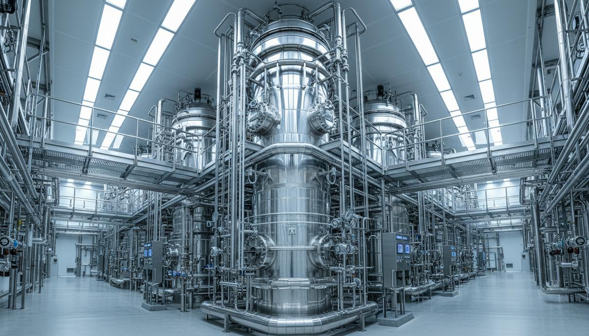Промышленные стальные реакторы и трубопроводы на современном заводе по производству синтетического топлива.