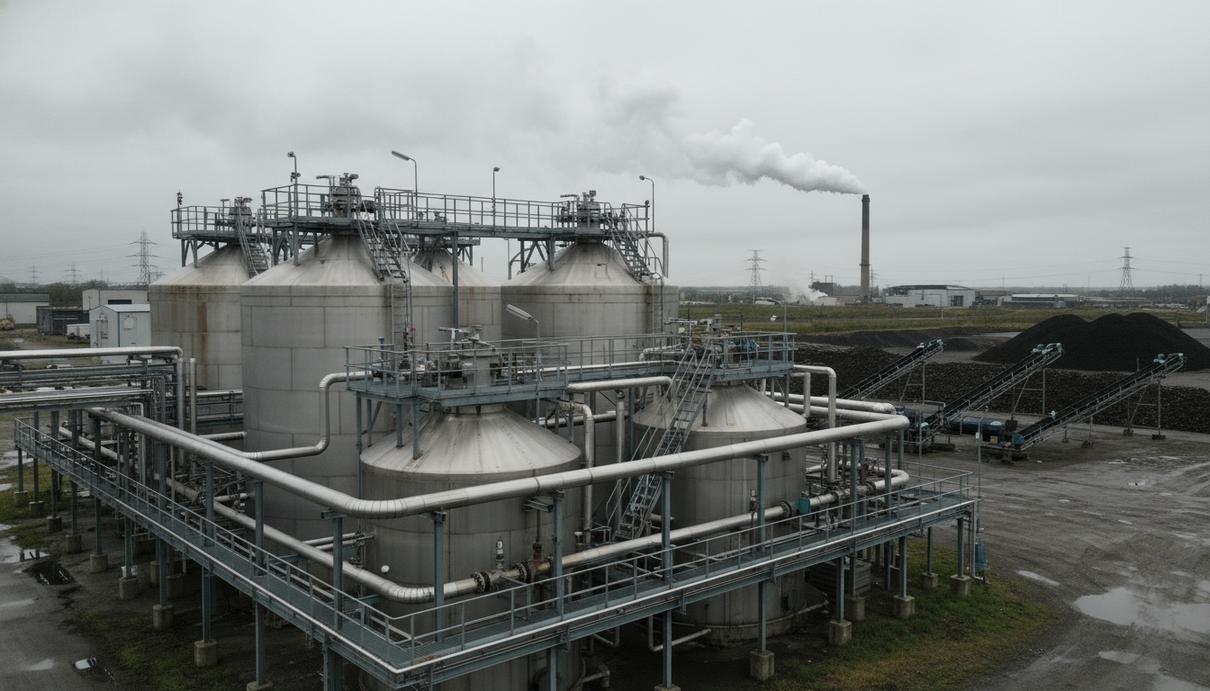 Промышленный биоперерабатывающий завод с металлическими резервуарами и сетью трубопроводов