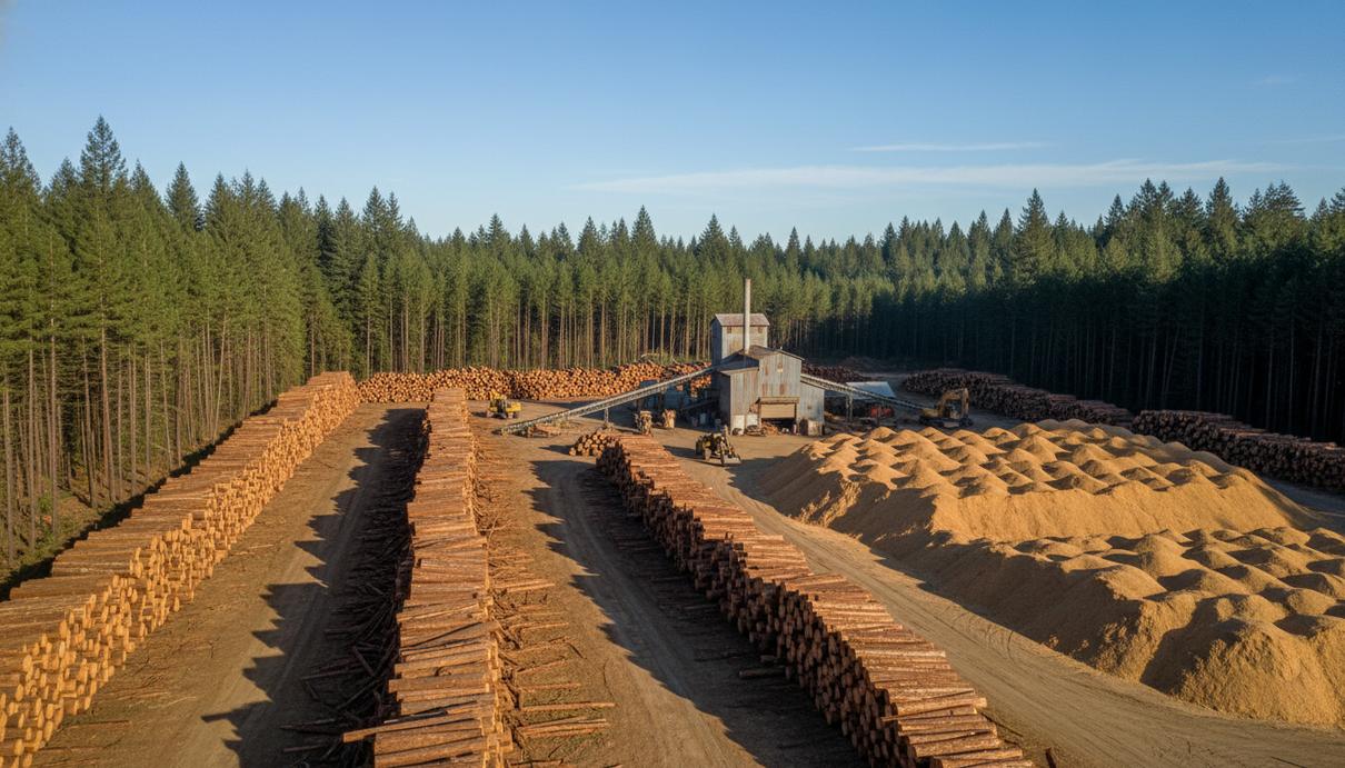 Сложенные бревна и горы древесной щепы на лесной поляне на фоне перерабатывающего предприятия