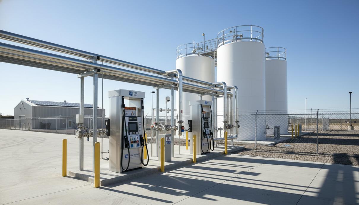 Промышленные резервуары и заправочные колонки для биометана на территории специализированной станции.