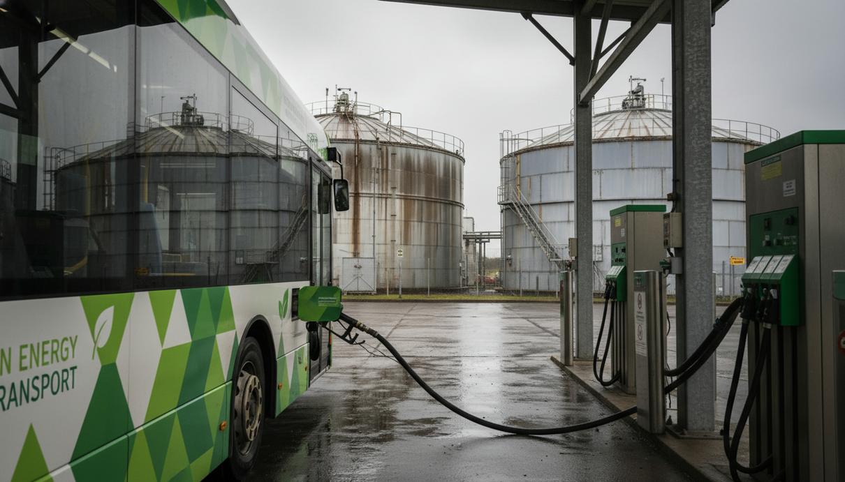 Процесс заправки городского автобуса биотопливом на фоне промышленных резервуаров и инфраструктуры автопарка