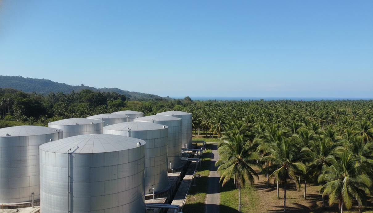 Промышленные резервуары для хранения масла на фоне плантации масличных пальм в тропическом регионе