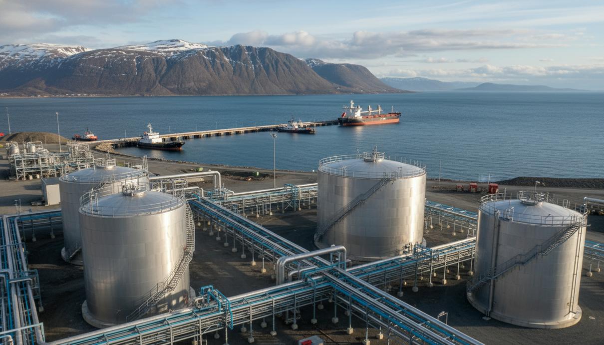 Промышленный завод с высокими резервуарами и сетью трубопроводов на фоне северного морского пейзажа.