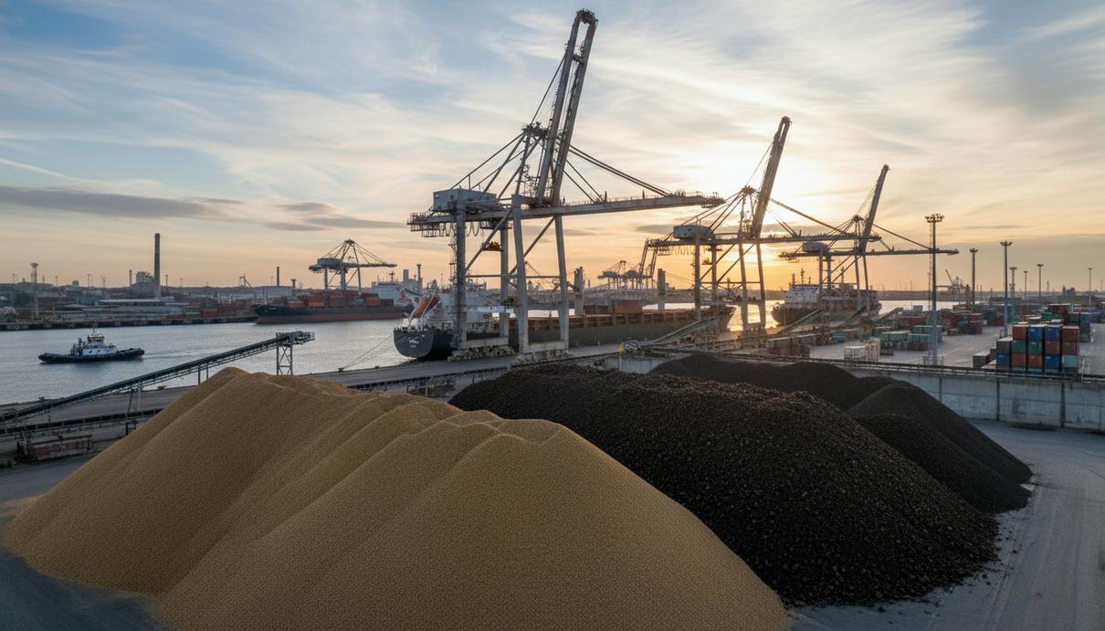 Промышленные запасы древесных пеллет и пальмовой скорлупы на территории морского порта.