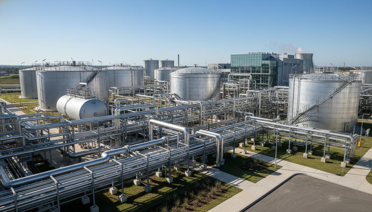 Промышленные резервуары и переплетение труб на современном заводе по производству авиационного биотоплива.