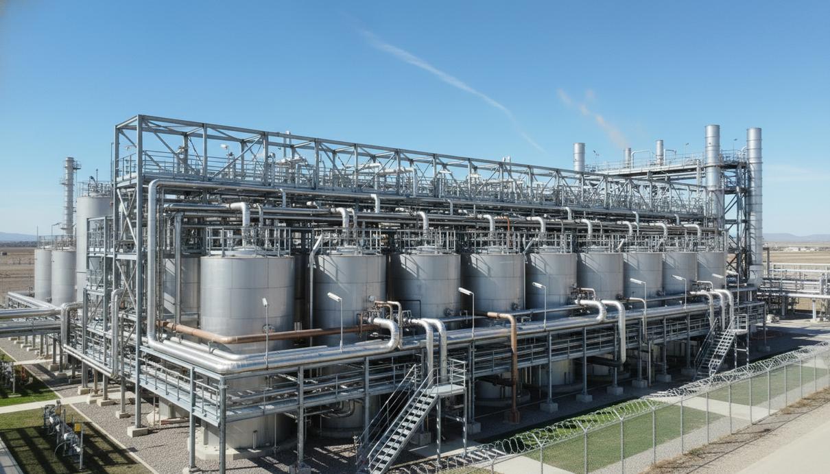 Промышленные металлические резервуары и сплетение трубопроводов на заводе по производству биотоплива.