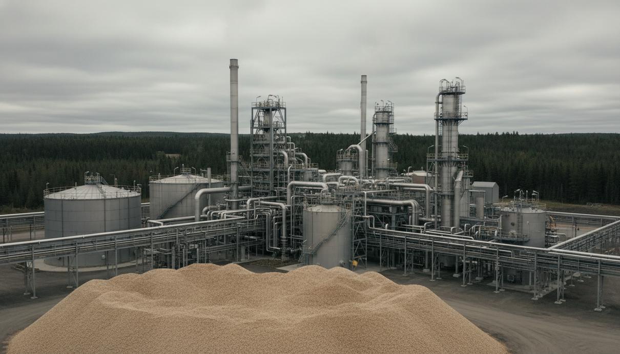 Промышленная площадка биотопливного завода со стальными резервуарами и горами древесной щепы на фоне леса