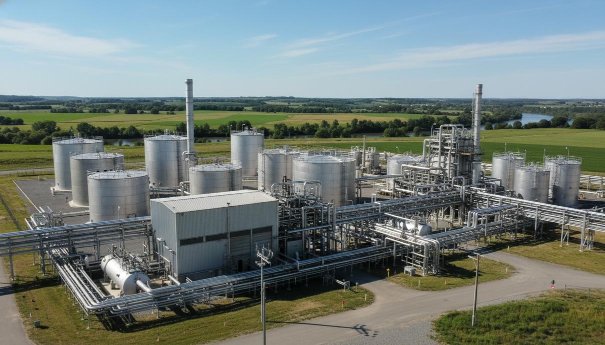 Промышленный комплекс по производству биометана с большими резервуарами и сетью трубопроводов на фоне неба
