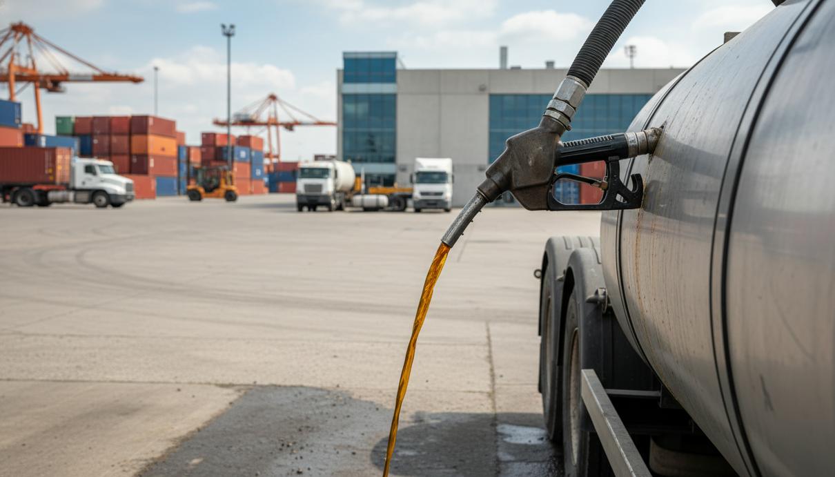Процесс заправки топливного бака тяжелого грузовика на территории промышленного терминала.