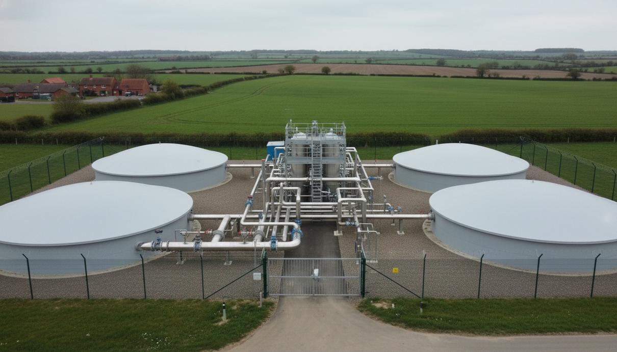 Современный завод по производству биометана с купольными резервуарами на фоне сельских полей.
