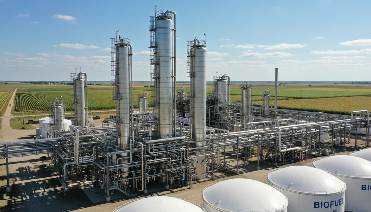 Стальные ректификационные колонны и сеть трубопроводов завода по производству биотоплива на открытом воздухе