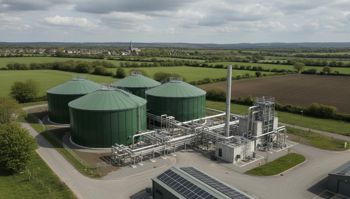 Промышленная биогазовая установка с крупными зелеными резервуарами и системой труб в сельской местности.